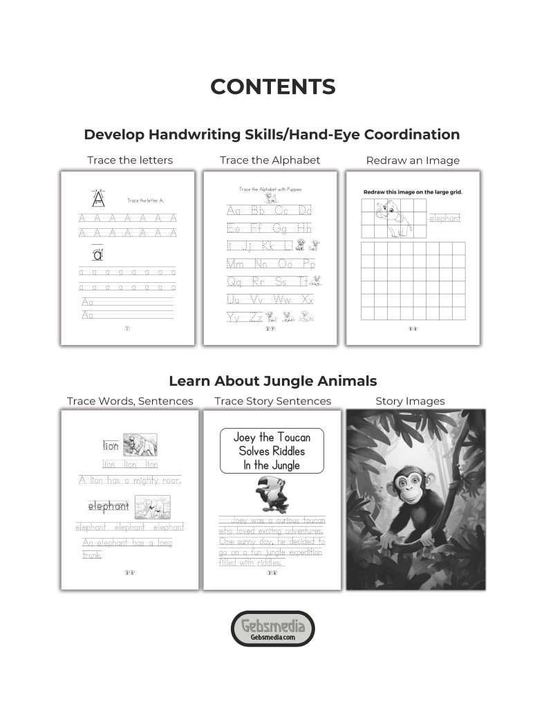 handwriting practice worksheets, jungle animals