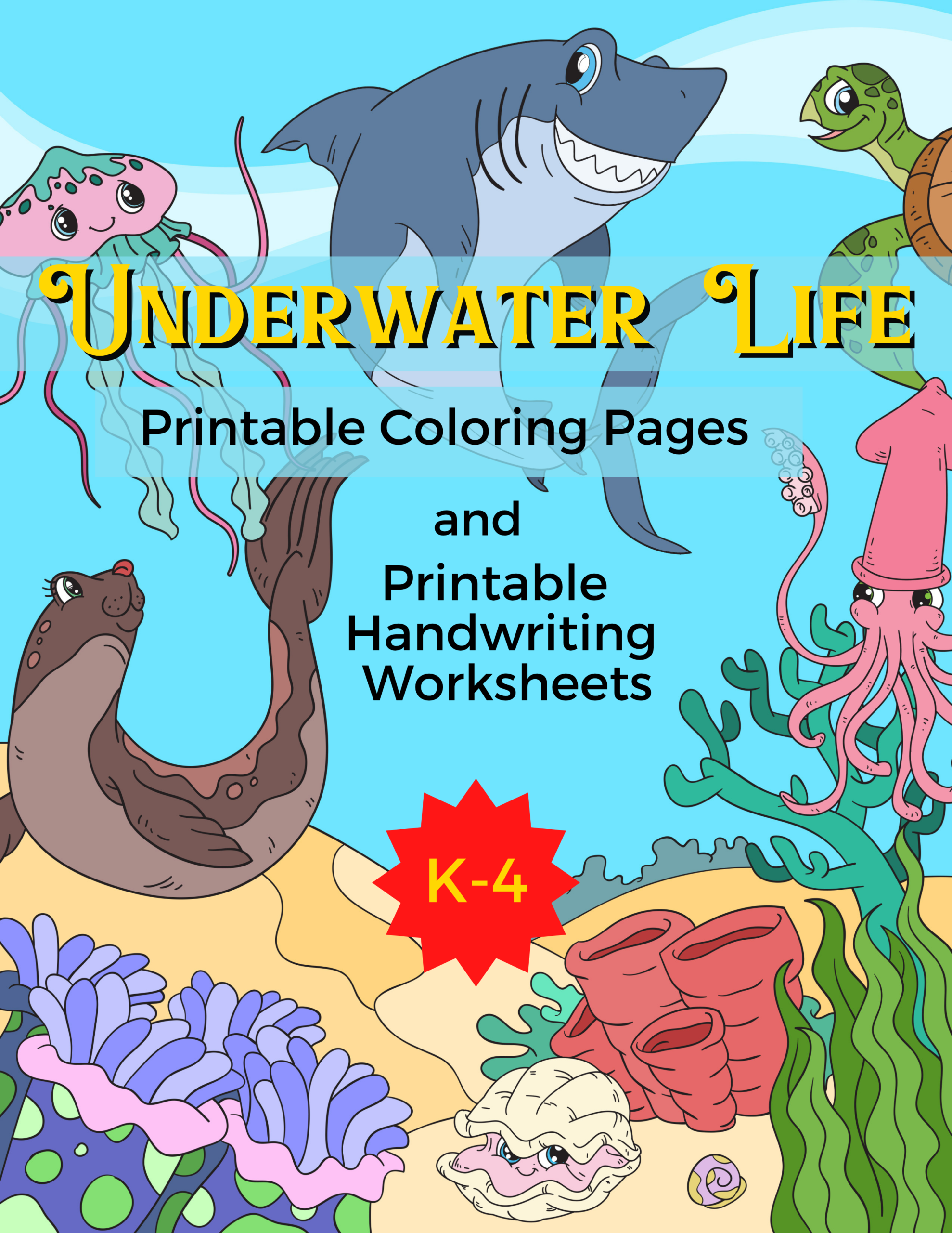 Underwater Life Handwriting Practice and Coloring Book sea animals, coloring book, handwriting practice book